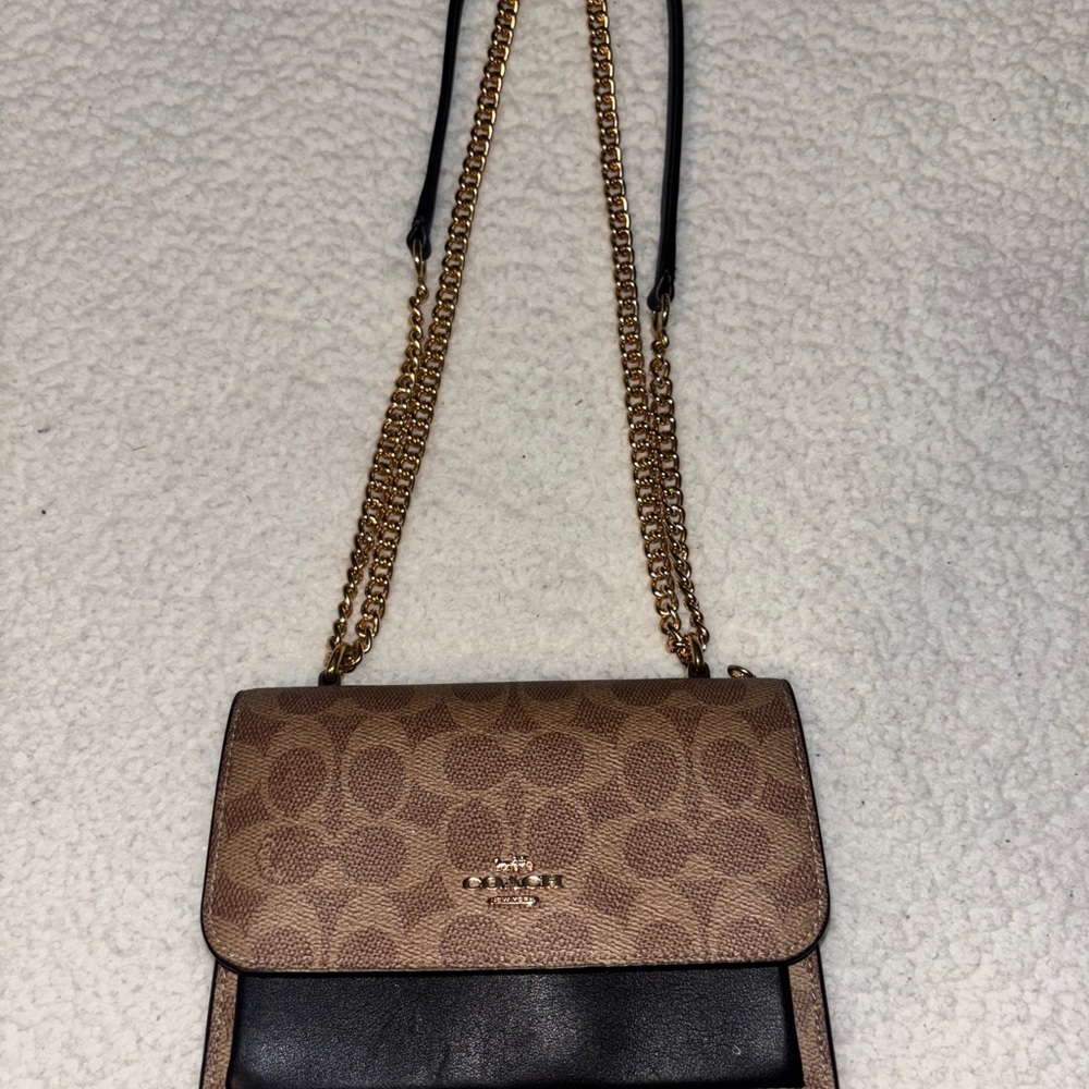 Coach Tan and Black Crossbody Bag with Gold Chain